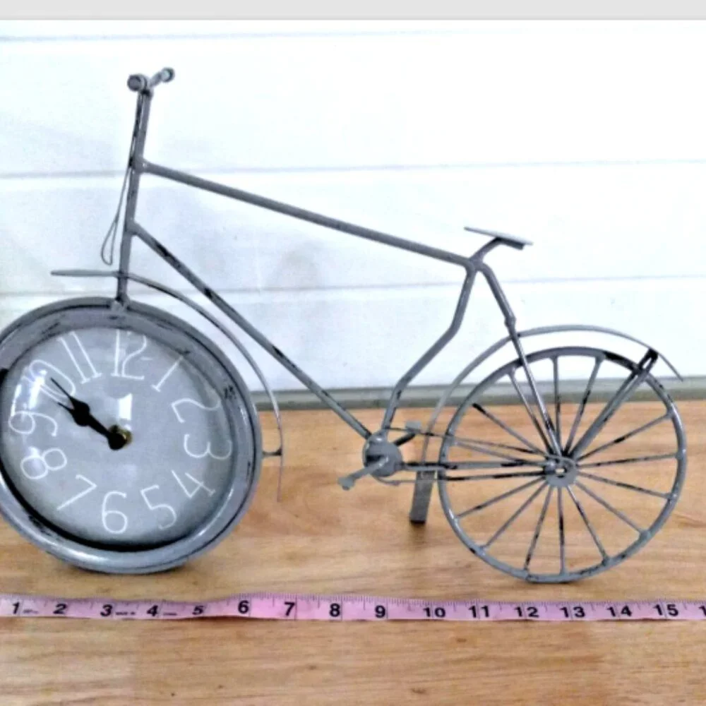 Gray Metal Bicycle Clock Vintage Style Freestanding Desk Shelf Mantel Decor